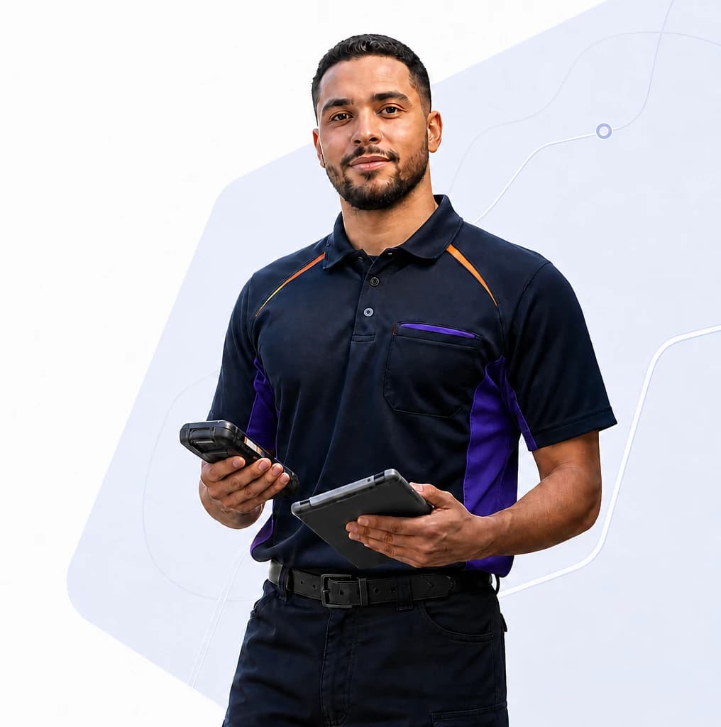 A P&D driver holding a handheld scanner and a tablet.